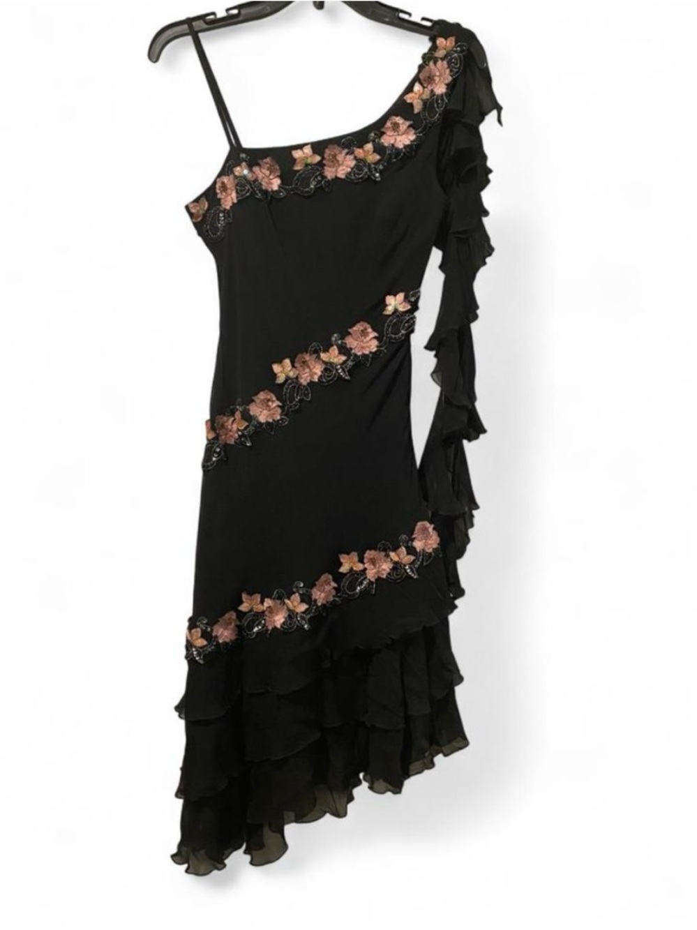Cache Black One-Shoulder Dress with Pink Floral Appliques